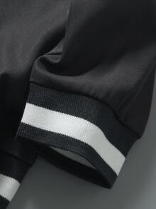 SHEIN 黑色拉鍊棒球夾克，羅紋對比條紋領，NEW YORK 字母印花，梭織薄款面料，春秋款，幼兒 - 黑色 - 查看 8