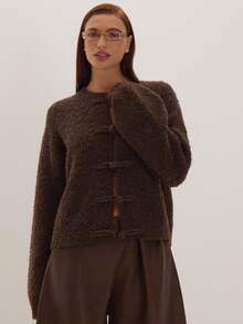 MUSEYN Brown Knit Knot Fasten Detail Sweater Versatile Everyday Casual New Season Fall - Coffee Brown - View 1