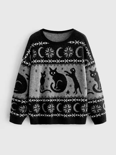 ROMWE Sweater Pullover Ukuran Besar Serbaguna Gaya Gothic Gelap Motif Kucing Hitam Misterius untuk Wanita, Musim Gugur/Musim Dingin