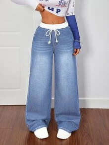 SHEIN PETITE Women's Drawstring Waist Wide Leg Loose Casual Versatile Denim Jeans - Blue - View 6