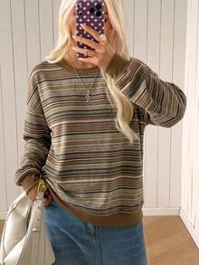 SHEIN EZwear 女款休閒圓領寬鬆條紋運動衫，秋冬服飾 - 白色 - 查看 6