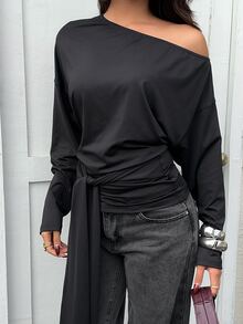 FavEase Women's Autumn Minimalist Asymmetrical Shoulder Casual Long Sleeve Tie-Front T-Shirt Top - Black - View 5