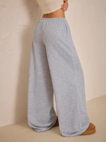 SHEIN PETITE Women's Solid Color Drawstring Waist Pocket Wide Leg Casual Sweatpants - Light Grey - View 2