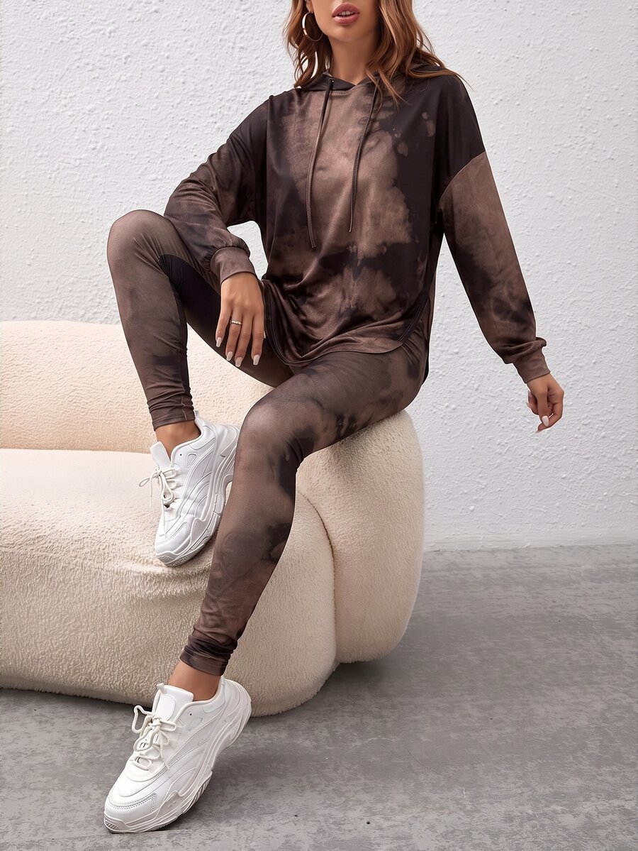 SHEIN Essnce 女款紮染連帽上衣與緊身褲2件套度假裝 - 棕色 - 查看 1