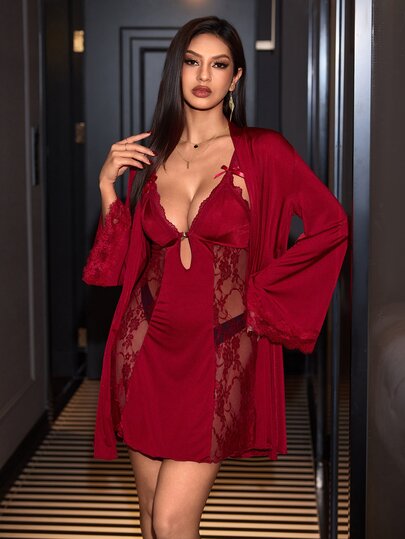 SilkySpell French Style Deep V-Neck Hollow Lace Trim Cami Nightgown And Lace Tie Long Sleeve Robe 2 Pieces Home Set