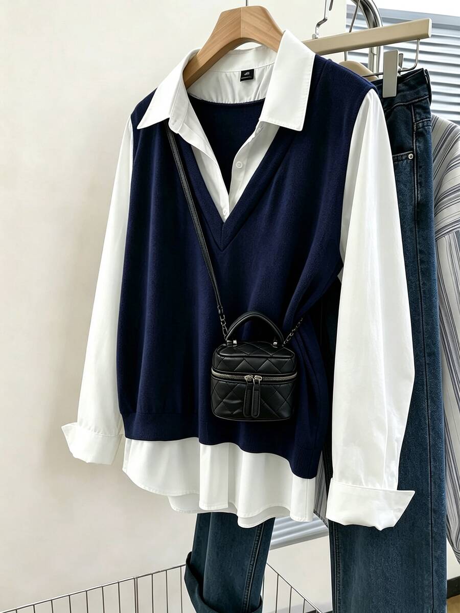 SHEIN LUNE Plus Size Women's Autumn Colorblock Patchwork Lapel Long Sleeve Shirt-Style 2 In 1 Casual Commute Daily Top - Navy Blue - View 1