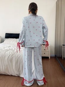 SHEIN Sweet Striped Pajamas Women Autumn New Long Sleeve Loose Fit Homewear 2 Pieces Set - Blue - View 2