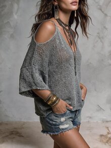 Solivie 女款度假休閒拼色條紋露肩細肩帶針織上衣 秋季女裝休閒上衣 棕色上衣 - 灰色 - 查看 3