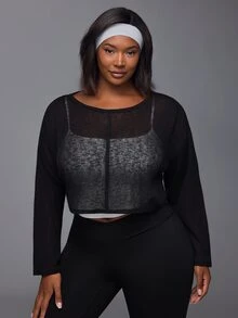 Voyena Women's Plus Size Solid Color Round Neck Drop Shoulder Long Sleeve Casual Fitness Sports T-Shirt - Black - View 5