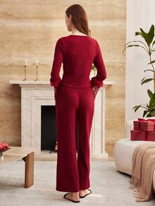 Moireta French Elegant Romantic V-Neck Lace Patchwork Long Sleeve Pants Pajama Set For Women - Burgundy - View 2