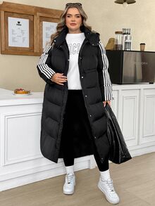 SHEIN CURVE+ معطف طويل مبطن بالريش أسود بقلنسوة وحبل شد، مقاس كبير، مناسب للخريف/الشتاء، بأسلوب العودة إلى المدرسة والكلية، مناسب للاستخدام اليومي والكاجوال متعدد الاستخدامات - الأسود - مشاهدة 1