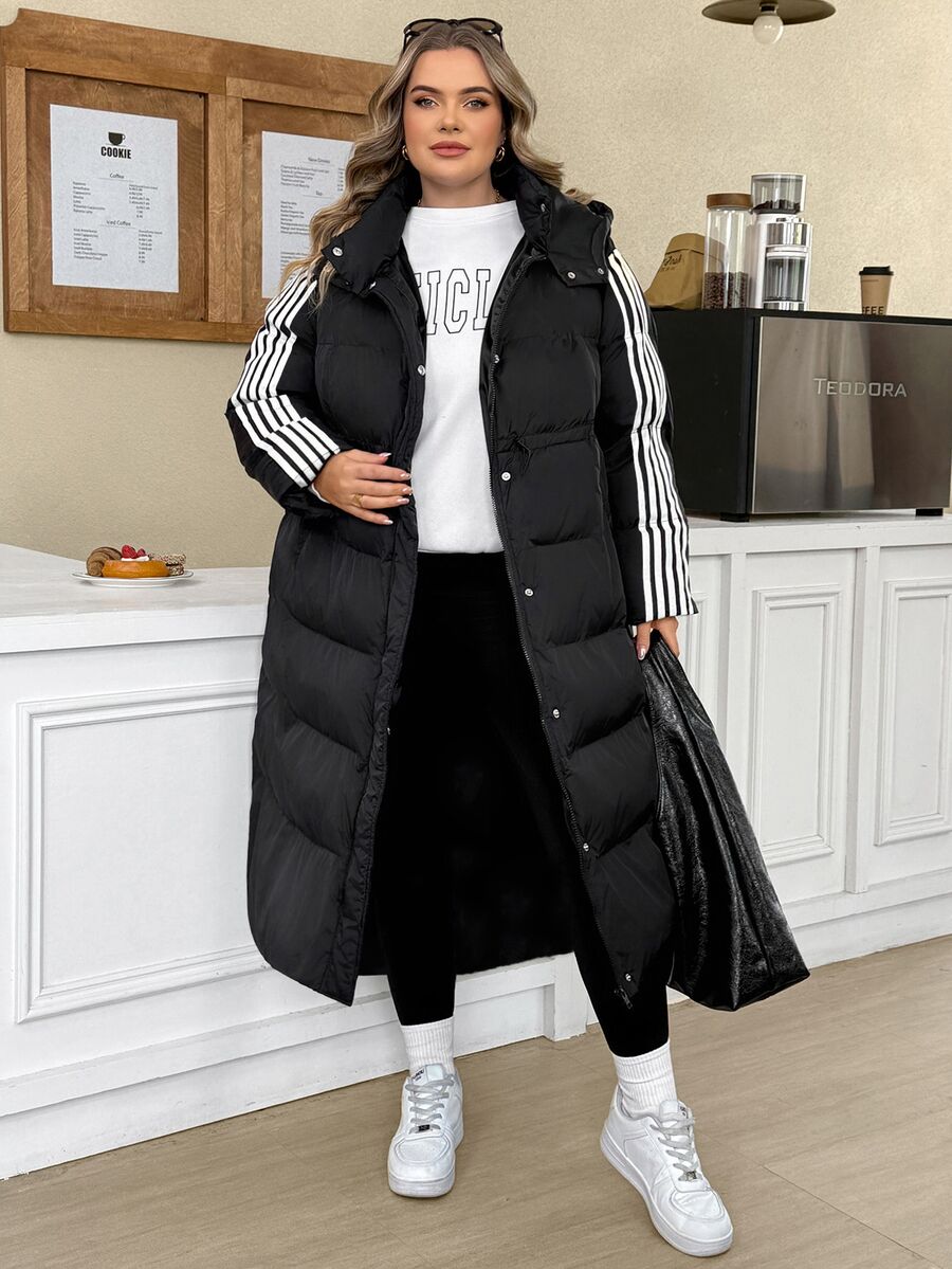 SHEIN CURVE+ معطف طويل مبطن بالريش أسود بقلنسوة وحبل شد، مقاس كبير، مناسب للخريف/الشتاء، بأسلوب العودة إلى المدرسة والكلية، مناسب للاستخدام اليومي والكاجوال متعدد الاستخدامات - الأسود - مشاهدة 1
