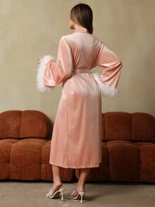HautHeat Women's Comfortable Romantic Tassel Cuff Loungewear Robe - Pink - View 2
