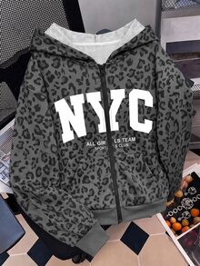 SHEIN 少女女孩針織豹紋圖案連帽開襟運動衫 - 黑色 - 查看 6