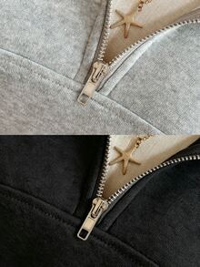 SHEIN Unity Damen 2-teiliges Set mit lockerem Schnitt, Spalt-Reißverschluss und Revers in Schwarz und Grau, Pullover-Sweatshirt für Herbst/Winter, Schulanfang, geeignet für Damen-Treffen, Dates, Arbeit, Pendeln, Alltag, Abschlusszeit, Abschlussfeier, Lehrertag, Thanksgiving, essentielles Arbeits- und Pendler-Outfit, Damen-Sweatshirt - Verschiedenfarbig - Übersicht 4