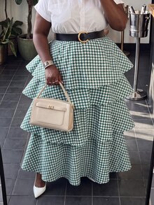 Slaydiva Autumn/Winter Elegant Date Christmas Holiday Green & White Houndstooth Multi-Layer Ruffle Cake Long Skirt Plus Size - Green - View 7