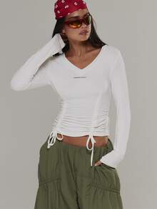 Musera Sport V Neck Ruched Tie Edges Long Sleeve Top Active Outdoors Workout Gym Terra Peak - White - View 1