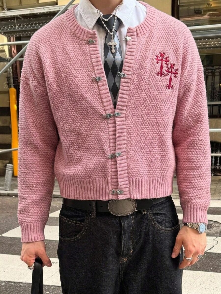 NEOSTRIT 男士時尚刺繡飛機扣針織開襟衫 - 粉色 - 查看 1