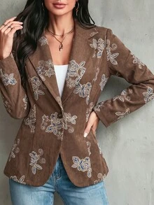 Linhara CURVE Plus Size Women's Floral Print Casual Commute Blazer - Brown - View 8