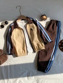 SHEIN 2件組男孩秋冬休閒拼色織帶長袖開襟外套與鬆緊腰長褲套裝，男孩運動套裝 - 彩色 - 查看 4