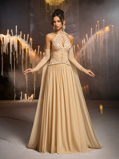 Glamrae Gaun Pesta Elegan Romantis Bergaya Champagne dengan Hiasan Payet, Kain Bordir, dan Patchwork Jala, Gaun Tamu Pernikahan, Gaun Liburan, Gaun Malam Formal Wanita (Pengerjaan Berat)