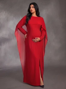 Cheriluna Maternity 大尺碼純色休閒浪漫優雅派對正式洋裝，適合孕婦，秋季聖誕紅 - 紅色 - 查看 2