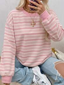 SHEIN EZwear 女款休閒圓領寬鬆條紋運動衫，秋冬女裝 - 彩色 - 查看 4