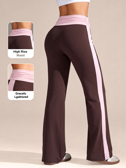 Eassivo Women's Ruched Waist Folded Pink Contrast Side Stripe Flare Yoga Pants, Soft High Elastic Fitness Daily Wear Micro Flare Sports Long Pants