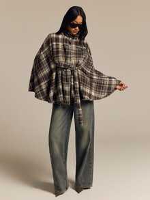 COSMINA Women's Woolen High Neck Cape Style Cinched Waist Waist Brown & Light Color Plaid Pattern Autumn/Winter Outfit For Going Out - Multicolor - View 3