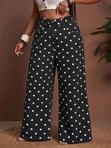 Slaydiva Festival Plus Size Women's White Non-Stretch Polka Dot Slim Straight Leg Jeans - Black - View 4