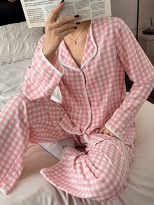 Napfluff Pink & White Plaid Trim Contrast Collar Long Sleeve Pants Pajama Set For Women - Pink - View 4