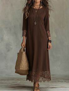 Holdful Holdful Women's Autumn Solid Color Round Neck Lace Cuff Patchwork Casual Dress - Coffee Brown - View 1