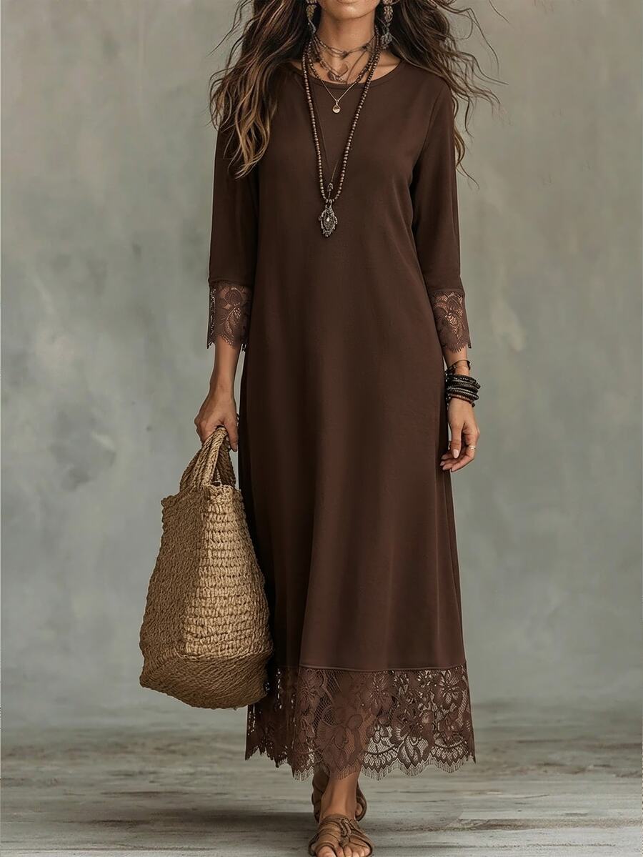Holdful Holdful Women's Autumn Solid Color Round Neck Lace Cuff Patchwork Casual Dress - Coffee Brown - View 1