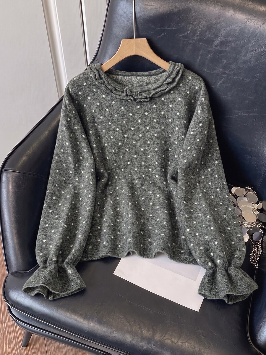 Muvela Women's Grey Polka Dot Long-Sleeved Sweater, Suitable For Autumn And Winter Wear, With Ruffled Bell Cuffs. - Light Grey - View 1