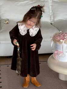 DAZY Infant/Toddler (Girl) Colorblock Patchwork Long Sleeve Korean Style Dress, Autumn/Winter - Coffee Brown - View 4