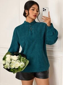 EastFlair Plus Size Women's Elegant Long Sleeve Top With Frog Button Front Fall - Green - View 3
