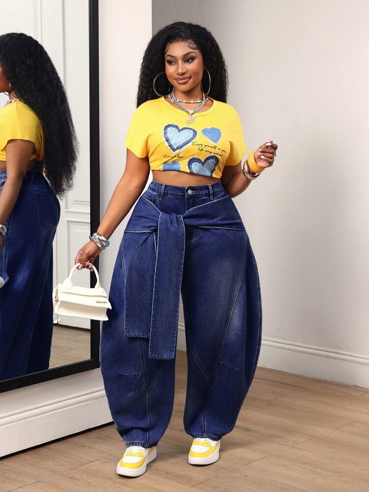 Slaydiva Plus Size Women's Waist Knot Curved Leg Wide Leg Casual Denim Jeans - Blue - View 5