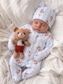 Newborn Soft Comfortable Warm Gray-Blue Vertical Stripe Bear Pattern Printed Fabric Front Button Long Sleeve Footed Romper Hat & Mittens 3-Piece Set - Blue - View 3