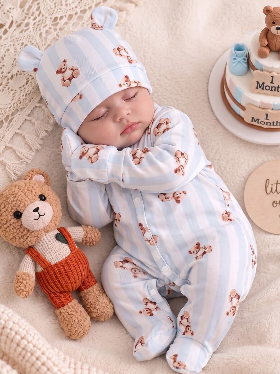 Newborn Soft Comfortable Warm Gray-Blue Vertical Stripe Bear Pattern Printed Fabric Front Button Long Sleeve Footed Romper Hat & Mittens 3-Piece Set - Blue - View 1