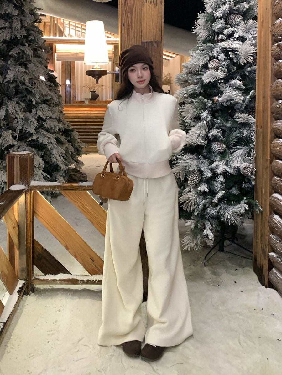DAZY Women's Korean Style Solid Color Long Sleeve Jacket & Long Pants 2 Pieces Set, Spring/Autumn - White - View 1