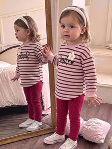 SHEIN Baby Girl Baby Girl Knitted Striped Pattern 3D Flower Round Neck Long Sleeve Pullover Sweatshirt & Long Pants 2 Pieces Set, Suitable For Autumn/Winter, Inner Wear, All-Match Casual, Versatile Fashion - Multicolor - View 2