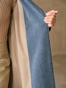 Anewsta Jaket & Mantel Denim Wanita Premium Musim Semi/Gugur, Model Double-Breasted dengan Detail Ikat Pinggang, Warna Putih & Biru, Cocok untuk Komuter. - Khaki - View 8