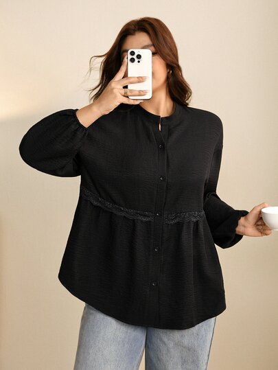 Edennvi Plus Size avslappnad lös vardaglig mångsidig koftaskjorta för vår/höst med axelsöm, kontrastfärgad spetskant och rynkning