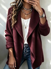 SHEIN Waterfall Collar Drop Shoulder Cardigan - Burgundy - View 3