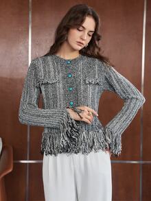 Anewsta Women's Black And White Comfortable Knit Cardigan Top For Autumn - Black and White - View 4