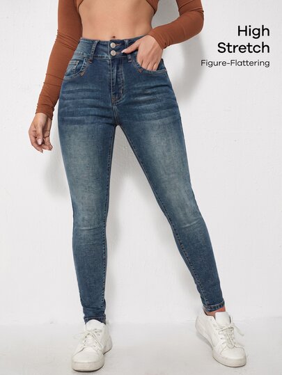 SHEIN Essnce بنطلون جينز نسائي ضيق بجيوب وأزرار مثير