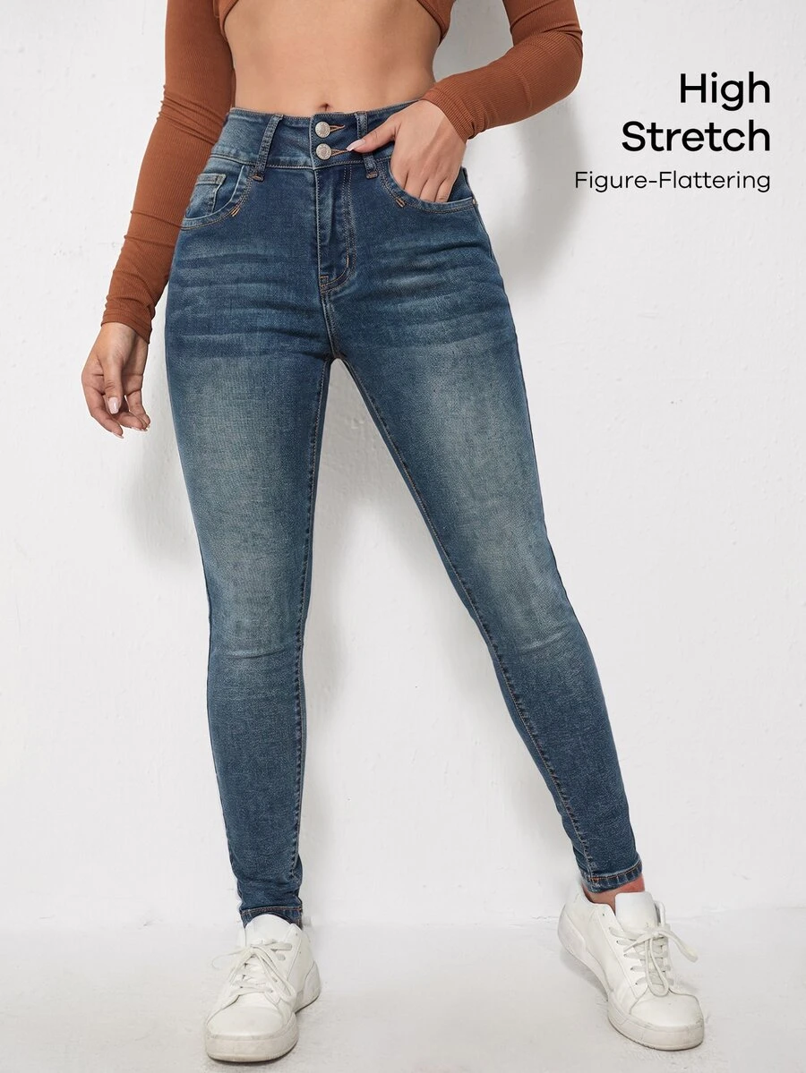 SHEIN Essnce 女款性感鈕扣口袋修身牛仔褲 - 深色水洗藍 - 查看 1
