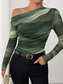 SHEIN LUNE 25-30+ 女款休閒秋季網紗紮染印花不對稱肩抽褶長袖優雅T恤 - 軍綠色 - 查看 4