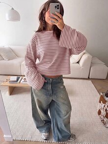 SHEIN EZwear 海外長袖粉色條紋襯衫，秋季上衣，適合日常通勤、派對、秋冬春夏、聖誕節、新年、感恩節、派對、婚禮、海灘、畢業典禮、優雅、外出、約會、通勤、情人節、優雅、度假、Y2K、畢業典禮及其他場合 - 彩色 - 查看 6