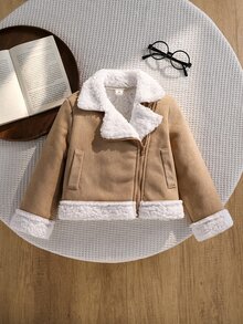 SHEIN 女童秋冬新款大領休閒拼接抓絨與燈芯絨複合保暖短夾克，適合外出、街拍、返校、日常百搭穿搭 - 卡其色 - 查看 5